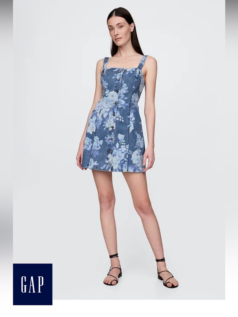 Brand New GAP size large petite Blue Floral Denim Mini Dress cotton stretch